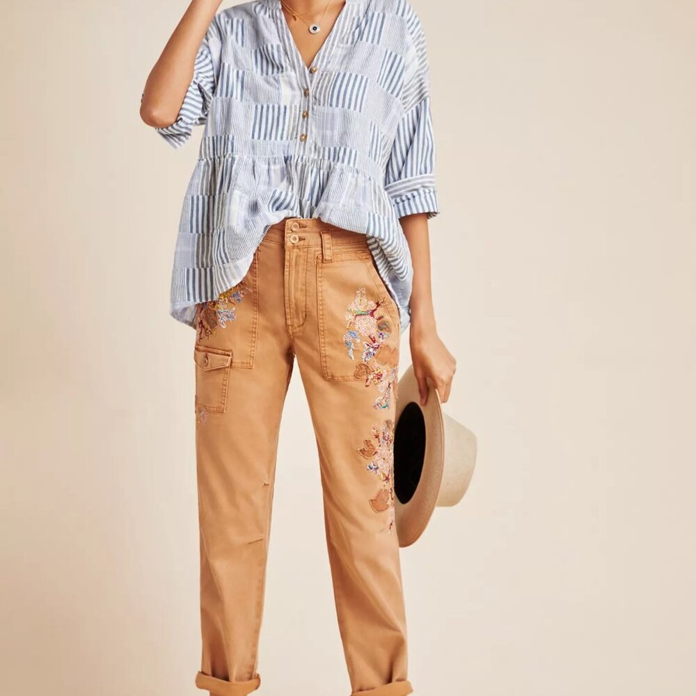 Anthropologie Wanderer Embroidered Pocket Brown Jeans Sz 26